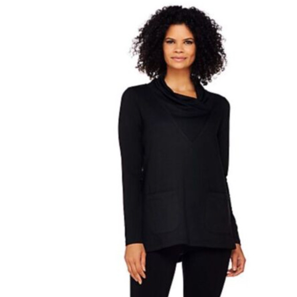 LOGO Lounge Lori Goldstein Top XXS Black French Terry Cowl Neck NWOT - Picture 1 of 5